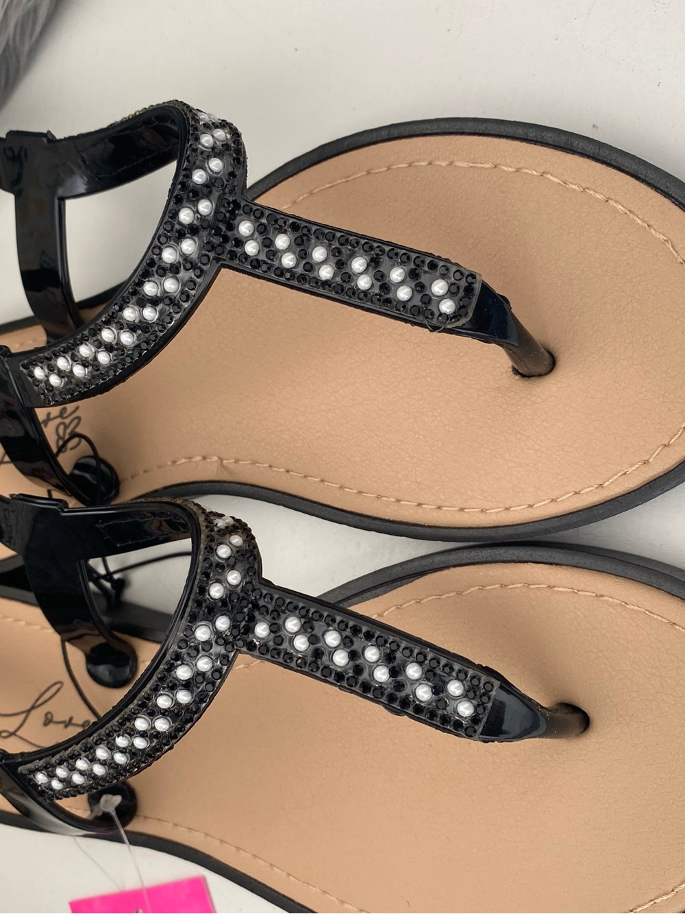 Love Black Jeweled T-Strap Sandals